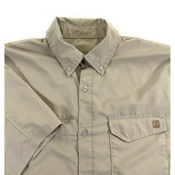 HUK Men's Tide Point Breathable Short Sleeve Polyester Beige Fishing Shirt Large - Picture 1 of 11